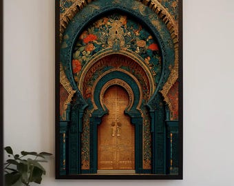 Moroccan Archway Canvas Print | Teal & Gold Boho Wall Art