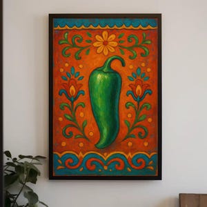 Vibrant Mexican Folk Art Chili Pepper Canvas Print, Colorful Jalapeño Painting, Traditional Decorative Wall Art, Rustic Kitchen Home Decor