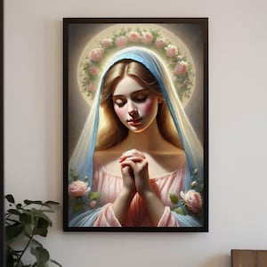 Virgin Mary with Roses Canvas Print | Sacred Christian Art | Spiritual Wall Decor | Blessed Mother Mary Portrait | Religious Home Art