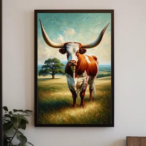 a painting of a long horn cow in a field