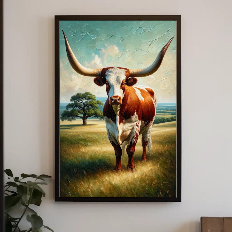 a painting of a long horn cow in a field