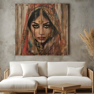 Indian Woman Wood Background Canvas Print, Indian Rustic Wall Art, Indian Wall Decor, Modern Indian Print, Unique Wall Decor, Ready To Hang