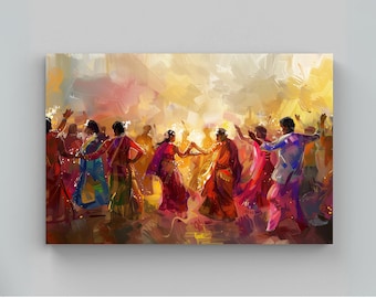 May include: A vibrant digital painting depicting a group of people dancing in a circle, wearing colourful traditional garments in shades of orange, pink, blue, and yellow. The scene is filled with warm, golden light and expressive brushstrokes.