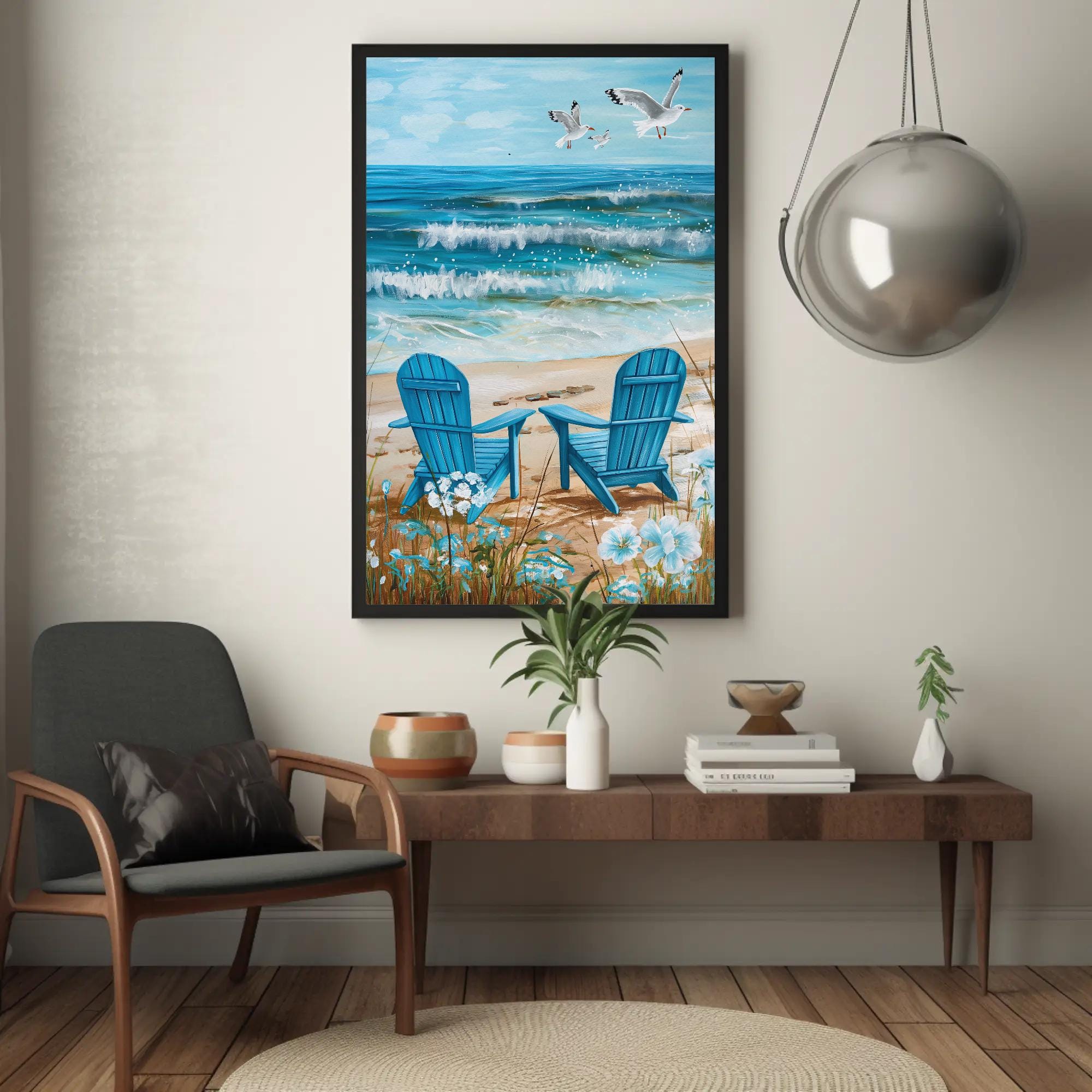 Beach Scene Canvas With Seagulls and Sandy Beach | Blue Coastal Wall ...