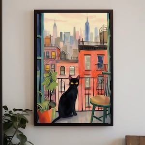 Black Cat New york Cityscape Print - Retro NYC Watercolor Poster - Vintage Manhattan Wall Art - Ready To Hang - NYC Balcony - Cat Lover Gift