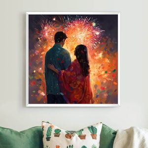 Indian Couple Celebrating Diwali Night Art Painting | Diwali Large Canvas Prints | India Framed Poster | Diwali Gift Wall Art