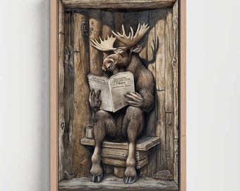 Funny Moose Toilet Canvas Print, Rustic Bathroom Wall Art