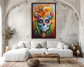 Mexican Sugar Skull with Cactus Canvas Print, Colorful Day of the Dead Art, Vibrant Mexican Wall Decor, Traditional Folk Painting