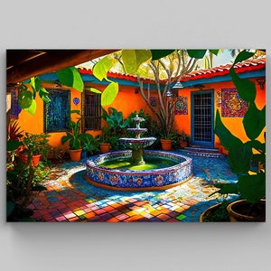Mexican Garden Oil Painting, Mexican Courtyard Art, Wall Art Decor, Colorful Art Print, Mexican Art, Mexican Decor, Home Decor, Latino Art