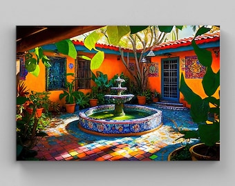 Mexican Garden Oil Painting, Mexican Courtyard Art, Wall Art Decor, Colorful Art Print, Mexican Art, Mexican Decor, Home Decor, Latino Art