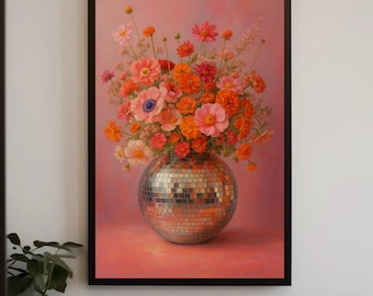 Disco Ball Vase Canvas Print, Pink Orange Floral, Maximalist Dorm Art