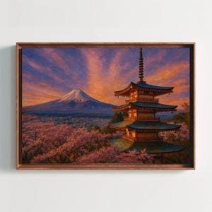 Mount Fuji and Chureito Pagoda Canvas Wall Art – Japan Sunset Painting with Cherry Blossoms for Asian Landscape Decor