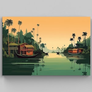 Kerala Backwaters Art | Kerala Backwaters Art | South Indian Scenery Print | South Indian Artwork | South Indian Print | Indian Home Decor