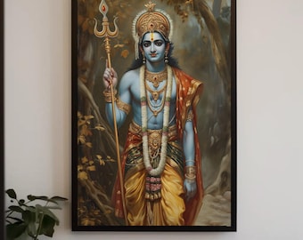 Pode incluir: Uma impressão artística emoldurada retratando uma divindade de pele azul com coroa e joias douradas, segurando um tridente dourado. A figura veste um dhoti amarelo e um xale vermelho, adornada com colares em camadas sobre um fundo de floresta.