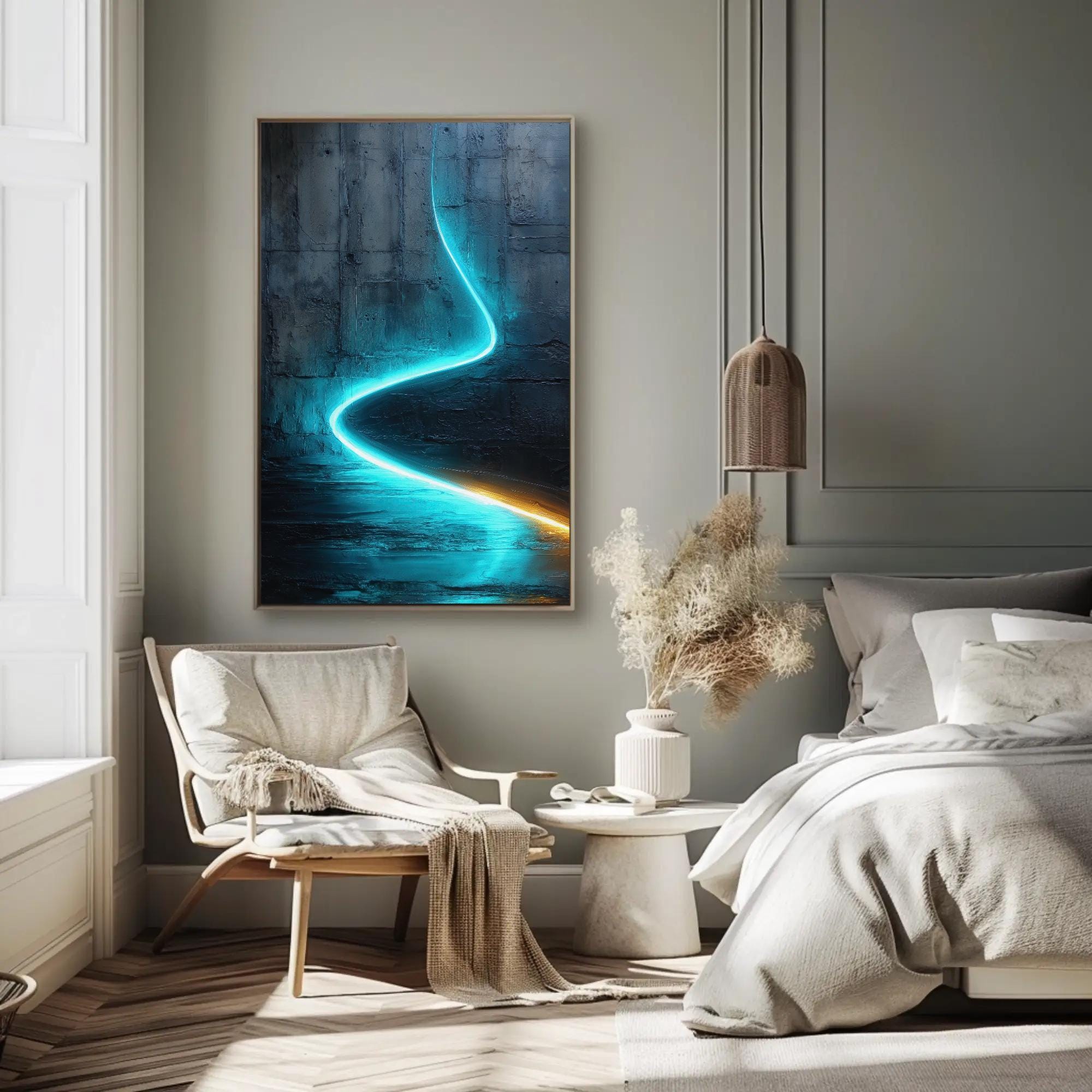 Cyan Blue Luminous Line Art, Industrial Texture Canvas Print - Etsy
