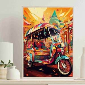 Colourful Rickshaw on Indian Street Art Painting | Indian Art | India Wall Art | Indian Decor Prints | Indian Home Decor | India Canvas Art