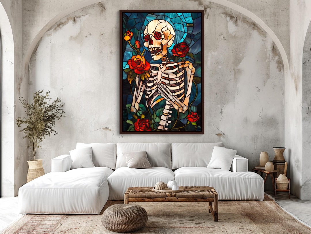 Sugar Skull Skeleton With Roses Stained Glass Canvas Print Halloween