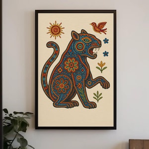 Huichol jaguar beaded style art print Mexican indigenous folk canvas painting sacred animal native symbolism colorful decor