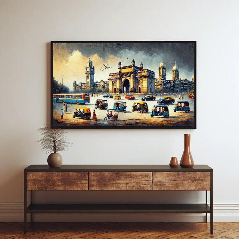 a painting hanging on a wall above a table