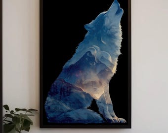 Celestial Wolf Canvas Print, Mountain Night Sky Double Exposure