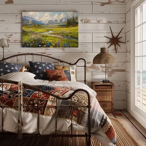 Vintage Meadow Landscape Canvas Print, Mountain River Art imagen 3