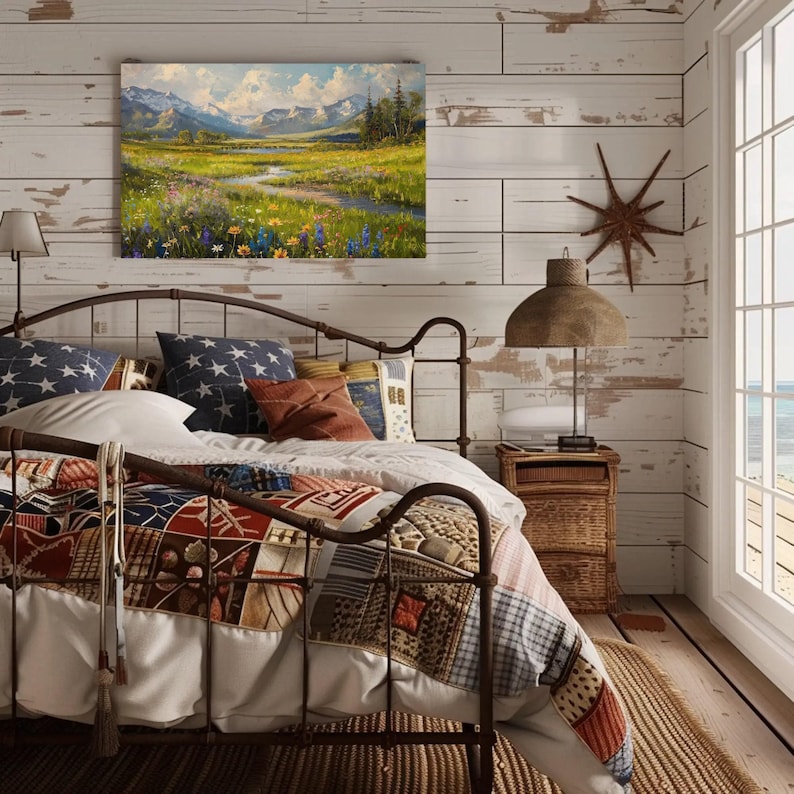 Vintage Meadow Landscape Canvas Print, Mountain River Art imagen 3