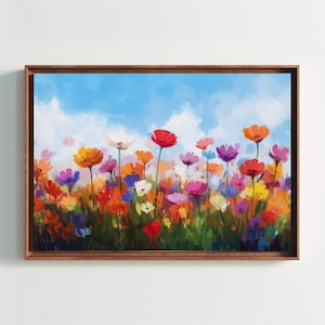Abstract wildflower field canvas print, colorful floral painting, bold textured flower art, modern nature wall decor for living room bedroom