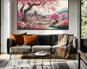 Sakura Tree Canvas Print, Japanese Cherry Blossom Landscape Wall Art