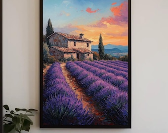 Provence Lavender Field Canvas Print, French Country Sunset Landscape