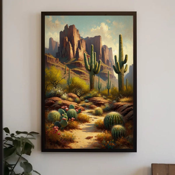 Desert Majesty Saguaro Sentinel, Sandsteinklippen-Druck – gerahmte Leinwand, Poster, südwestliche Landschaftskunst, fertig zum Aufhängen, Wüsten-Wanddekoration