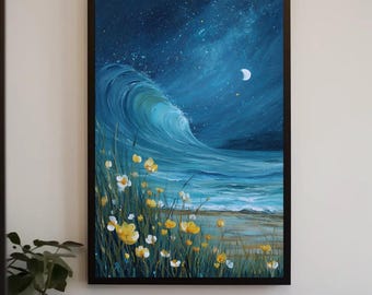 Ocean Wall Art – Moonlit Wave Coastal Night Canvas