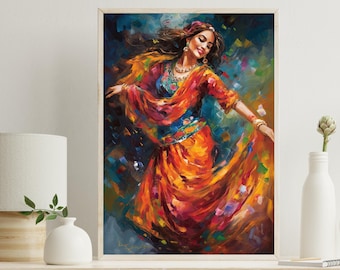 Traditional Folk Dance Indian Painting, Indian wall art, beautiful Indian woman folk dance painting