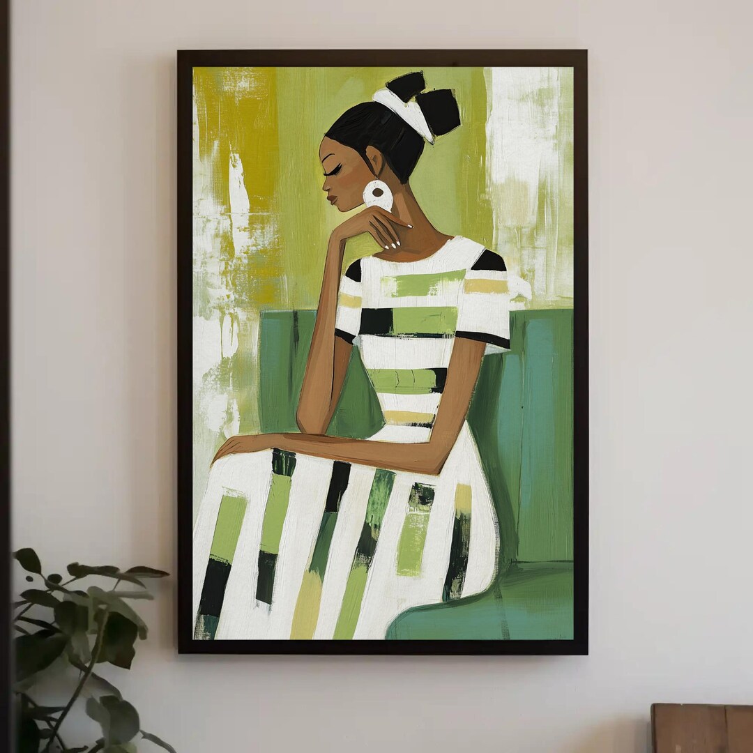 Black Woman Sage Green Abstract Painting Canvas Print | Modern ...