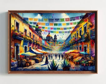May include: A framed wall art print depicting a vibrant outdoor market scene in a town square. Colorful papel picado banners hang between yellow and orange buildings. Stalls with striped awnings line the street, and a church dome is visible.