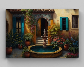 May include: A painting of a courtyard featuring a central stone fountain with a circular basin filled with blue water. The scene includes terracotta pots with green plants, vibrant flowers, and a building with yellow walls and bright blue shutters.