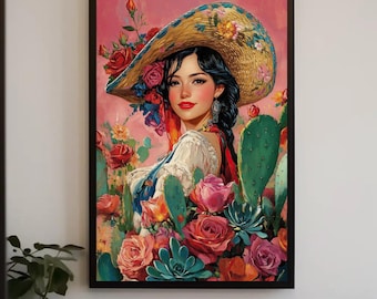 Op de afbeelding: Een ingelijste muurkunstprint met een persoon met donker haar die een strooien hoed met brede rand draagt, versierd met kleurrijke bloemen. De persoon is omringd door levendige rode rozen, groene cactussen en vetplanten op een zachtroze achtergrond.