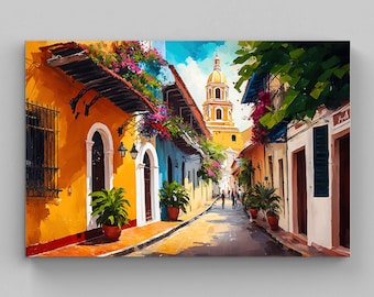 May include: A vibrant painting of a narrow street lined with bright yellow and white buildings, featuring arched doorways, potted green plants, and pink flowers. A tall yellow church tower stands in the distance under a blue sky with clouds.
