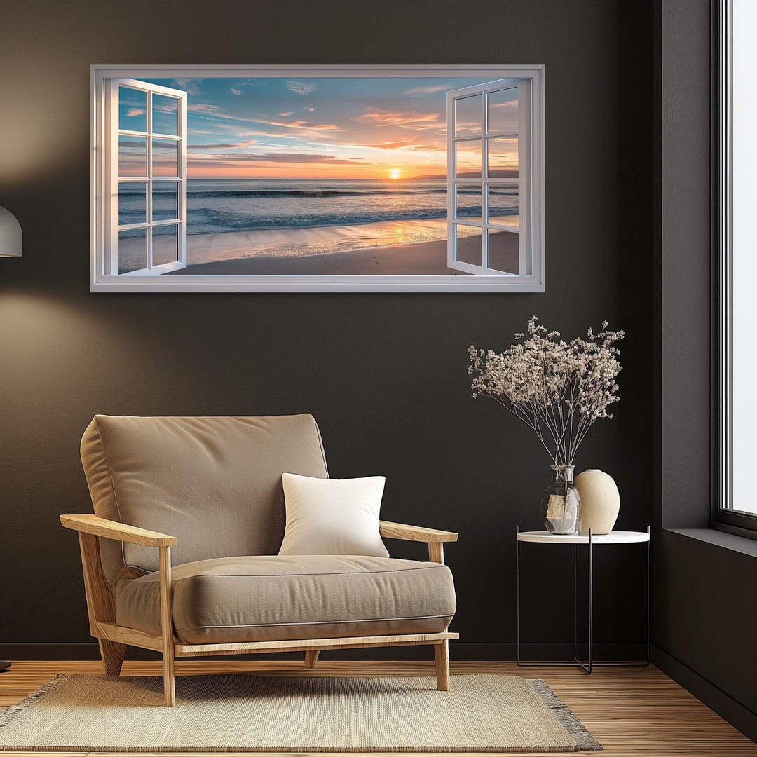 Beach Sunset Faux Window Canvas Art – Coastal Wall Decor - Etsy