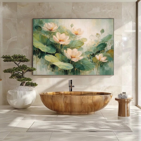 Canvasprint met lotusbloem, rustgevende botanische wanddecoratie, Japandi natuur woondecoratie