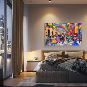 a bedroom with a large painting on the wall