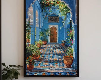 Blue Indian Palace Aangan Painting, Framed Canvas Wall Art