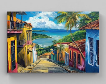 May include: Vibrant oil painting of a tropical street scene. Colorful buildings line a cobblestone road leading towards a turquoise ocean. A palm tree and fluffy white clouds fill the sky, creating a bright and inviting landscape.