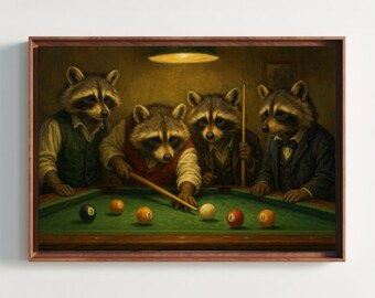 Raccoons Playing Pool Canvas Print - Whimsical Bar Lounge Art