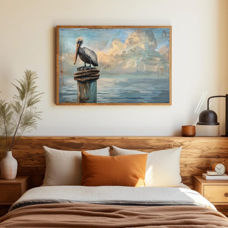a painting of a pelican sitting on a post in a bedroom