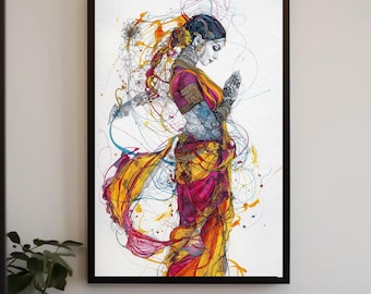 May include: A framed wall art print featuring a stylised illustration of a person in a yellow and magenta sari with hands pressed together in a prayer gesture. The artwork uses intricate black line work and vibrant splashes of colour.