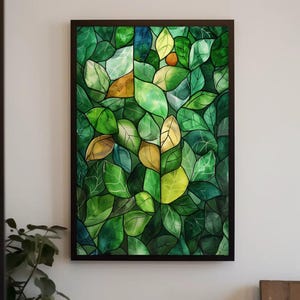 Green Stained Glass Leaves, Watercolor Framed Canvas Print