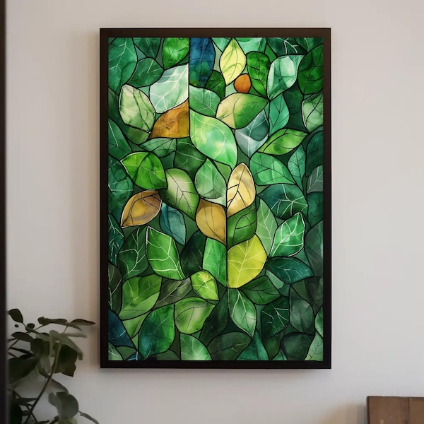 Green Stained Glass Leaves, Watercolor Framed Canvas Print