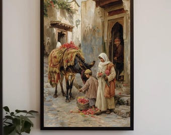 Arabian Street Canvas Print, Muslim Woman and Child, Islamic Wall Art