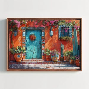 Vibrant Mexican Doorway Canvas Print | Southwestern Wall Art | Colorful Patio Decor | Cactus Floral Giclée Art