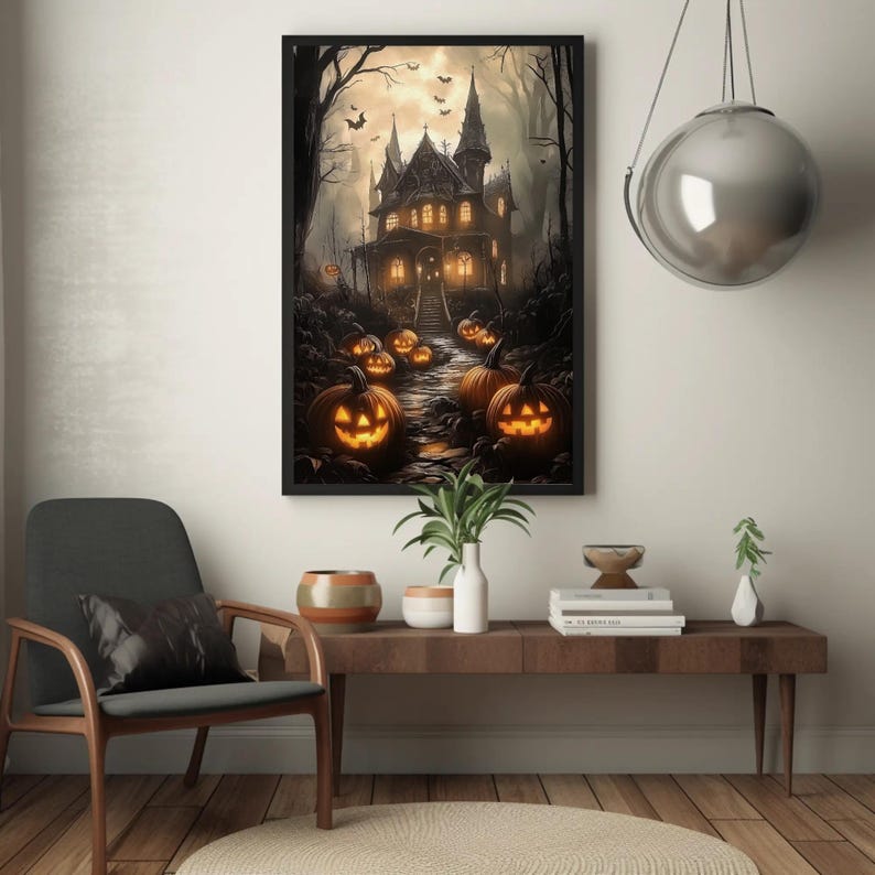 a living room with a chair and a painting on the wall